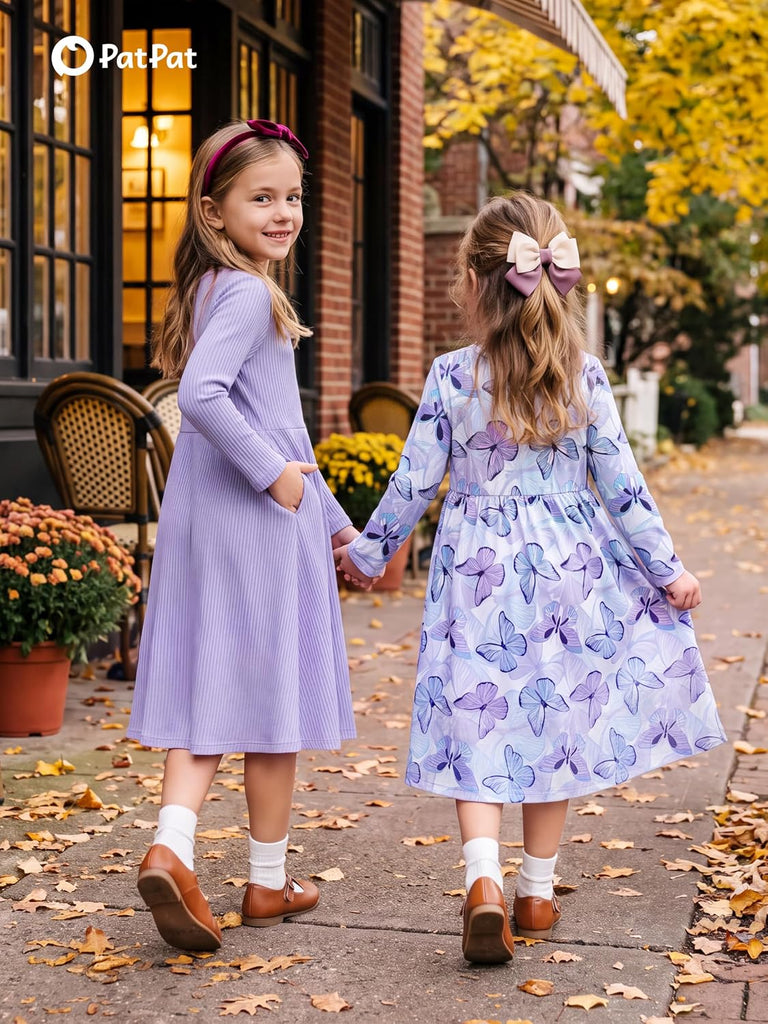 Girls Long Sleeve Ribbed Cotton & Woven Printed Dresses Pack