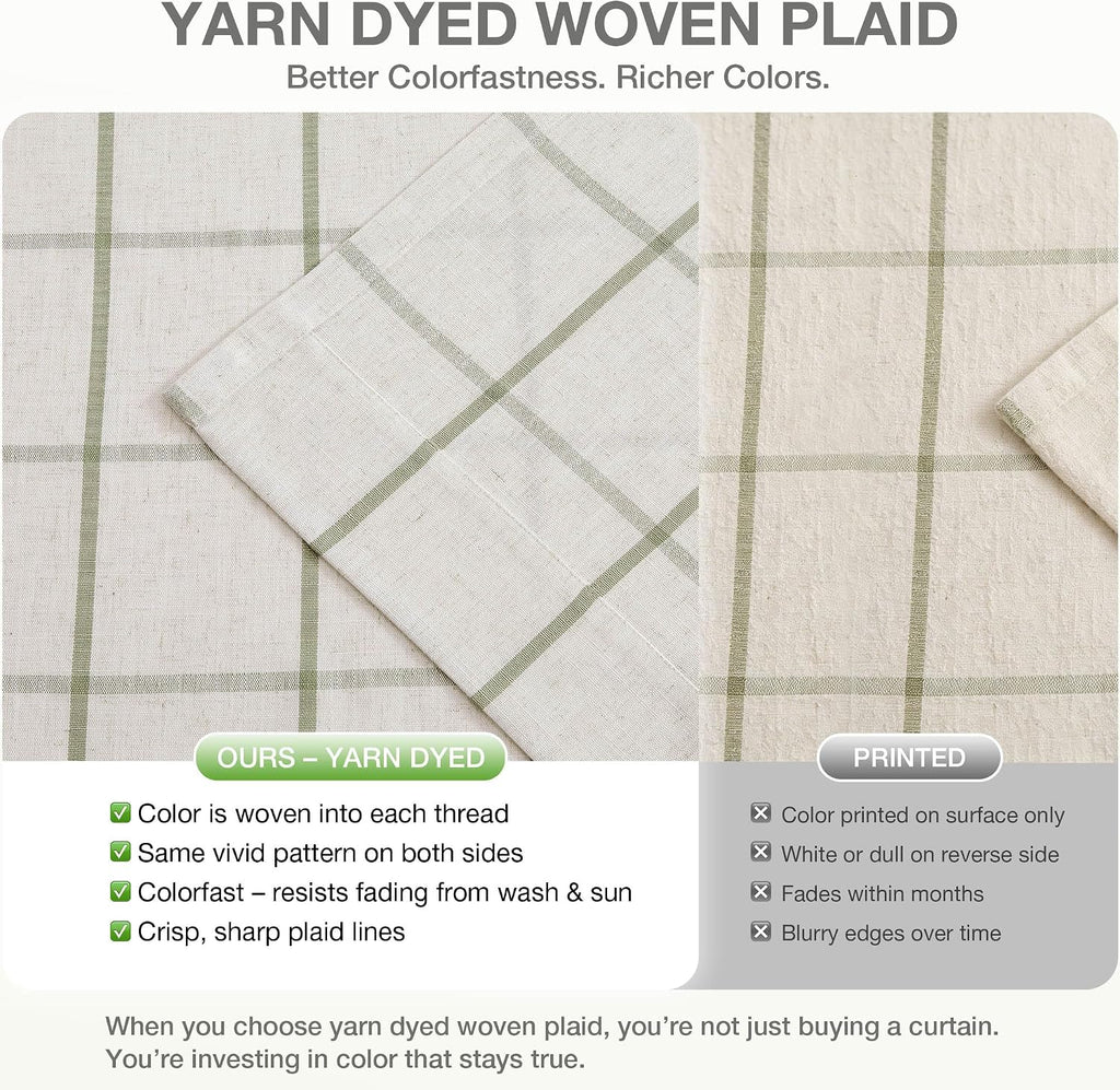 Sage Green Plaid Linen Pinch Pleated Semi Sheer Curtains Checkered Light Filtering Window Panels for Living Room Bedroom Rustic Pleat Drapes with Back Tab Hooks 40"W x 2 Panels