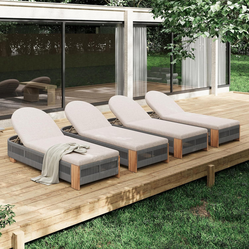 80" Rope Acacia Multi-Tilt Lazy Sleeper Chair, Patio Lounge Chaise with Water Resistant Cushion, Tanning Chaise Low