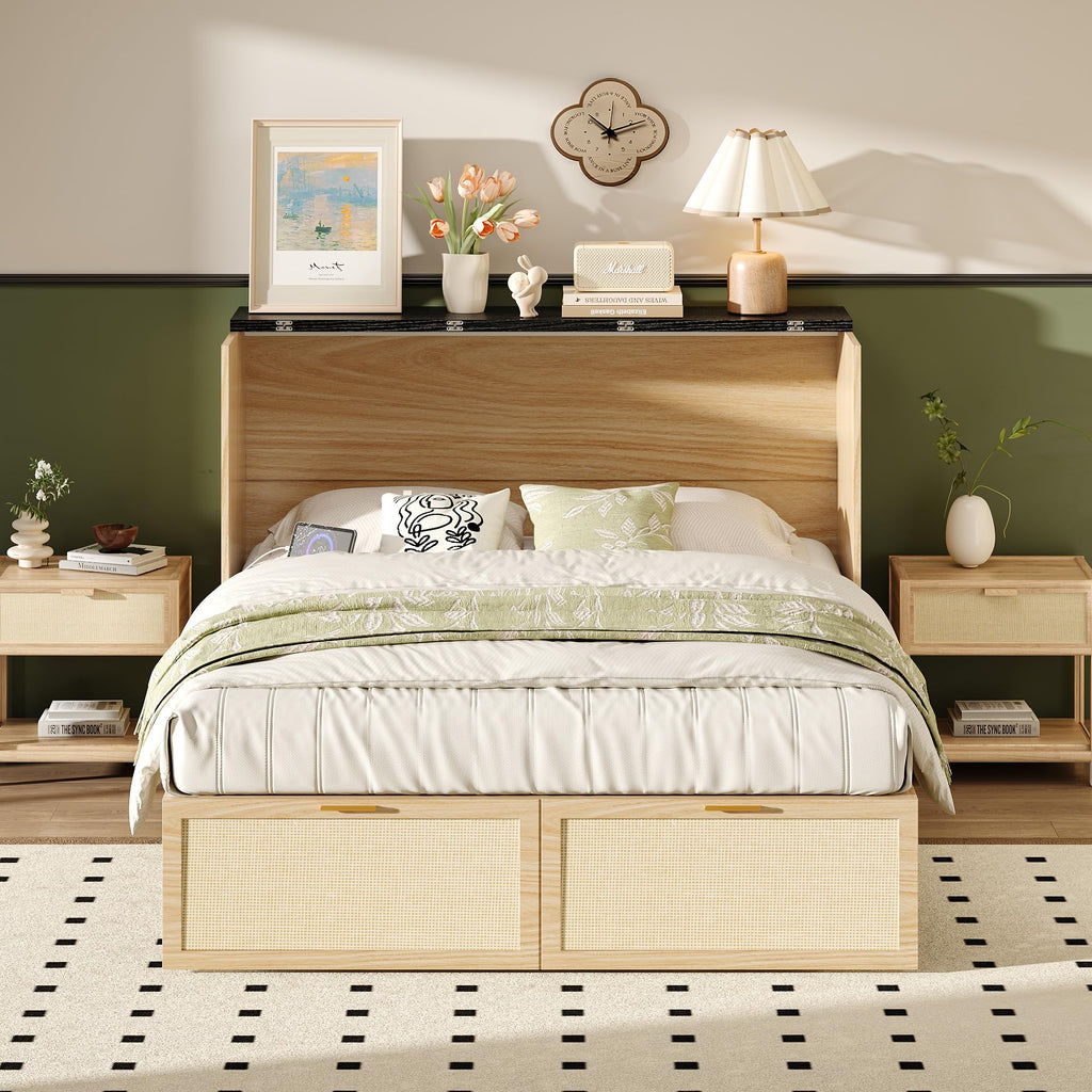 Queen Size Rattan Murphy Bed with Storage Drawer, 2 Charging Station, Boho, Hideaway Paltform Panel Bed for Small