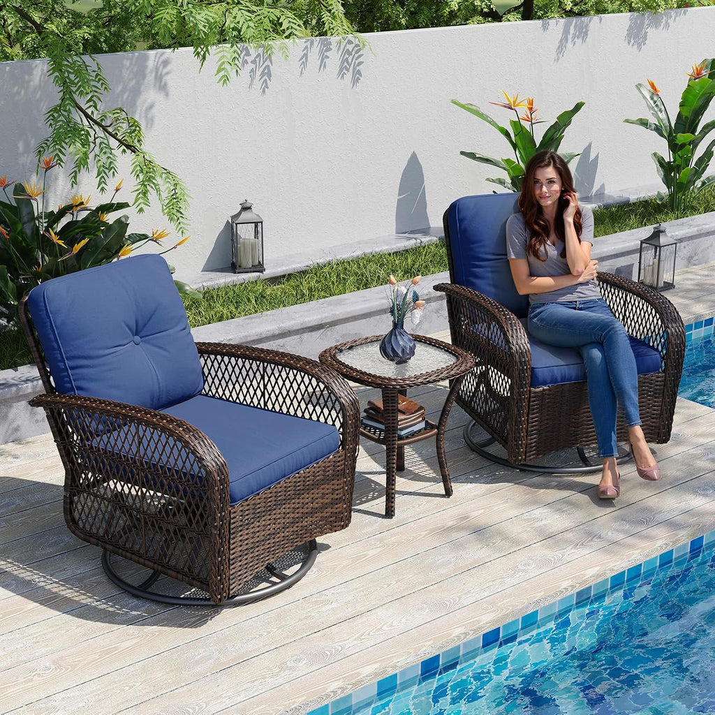 3 Pieces Patio Furniture Set, Patio Swivel Rocker Chairs Set of 2, Wicker Outdoor Bistro Set with Rocking Chair