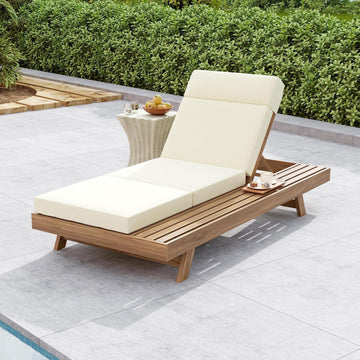 Chaise Lounge Chair Outdoor with 4'' Foldable Cushion, Acacia Wood Poolside Sun Lounger, Space Available On One