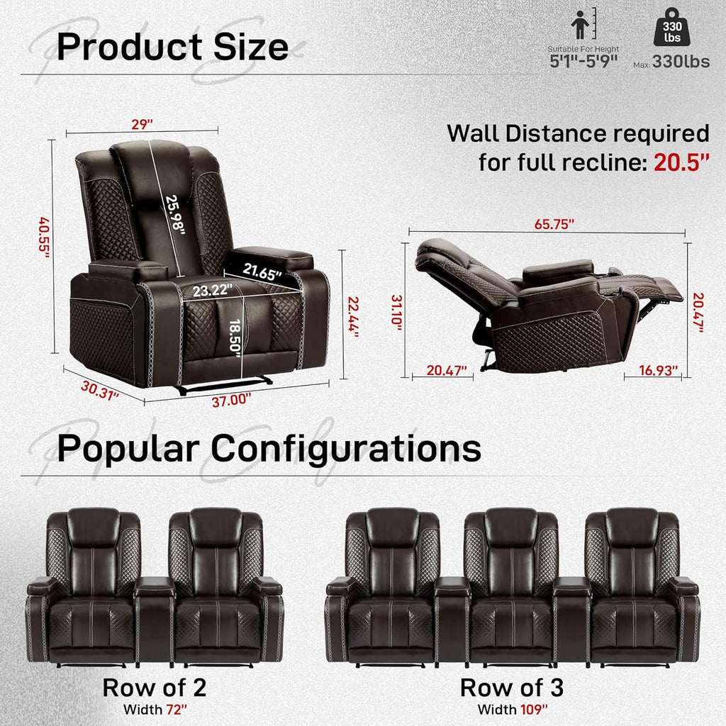 Recliner Chair Set of 3 Theater Seating Breathable Leather Sofa, Suitable Living Room Home Brown