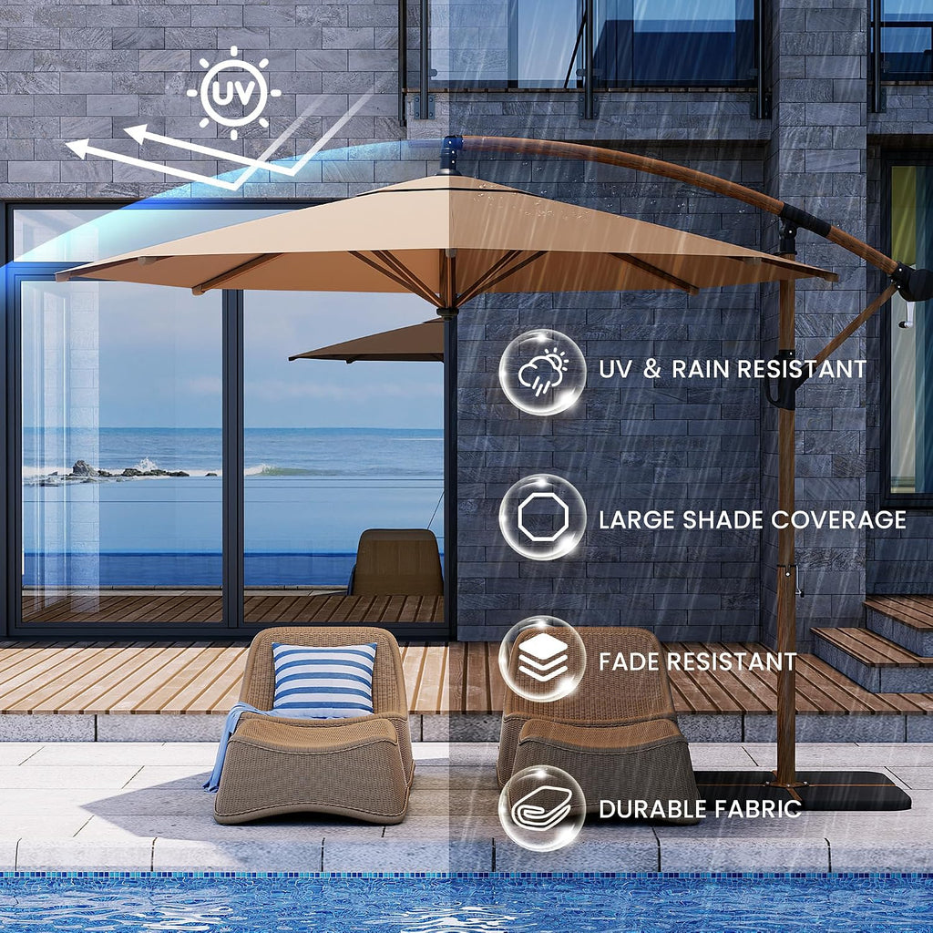 Offset Patio Umbrella, Cantilever Hanging Outdoor Umbrella w/360-degree Rotation, Handy Crank, UV/Waterproof Canopy - Ta