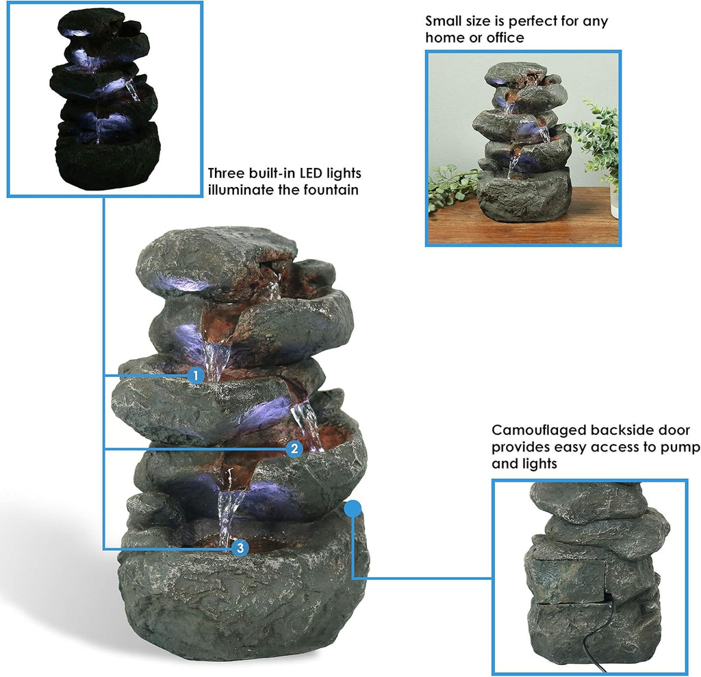 Tabletop Water Fountain - Stacked Rocks 10.5 Inch Relaxing Desktop Water Fountain with LED Lights