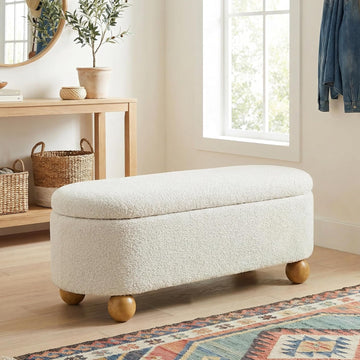 44.8" Storage Ottoman Bench End of Bed Bench with Hinge, Beige | Cute Spherical Solid Wood Stool Legs, Comfortable