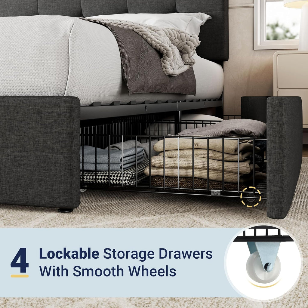 Upholstered King Platform Bed Frame with 4 Storage Drawers and Headboard, Square Stitched Button Tufted