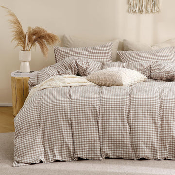 Tan Gingham Duvet Cover Bedding Set 100% Washed Cotton Like Linen Feel Super Soft Comfy 3 Piece Brown Vintage Plaid