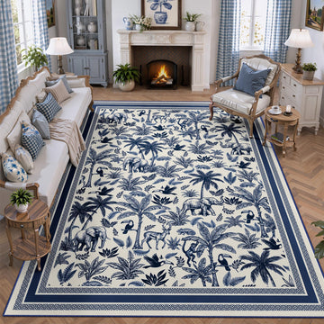 French Country Toile Washable Large Living Room Rug, Blue
