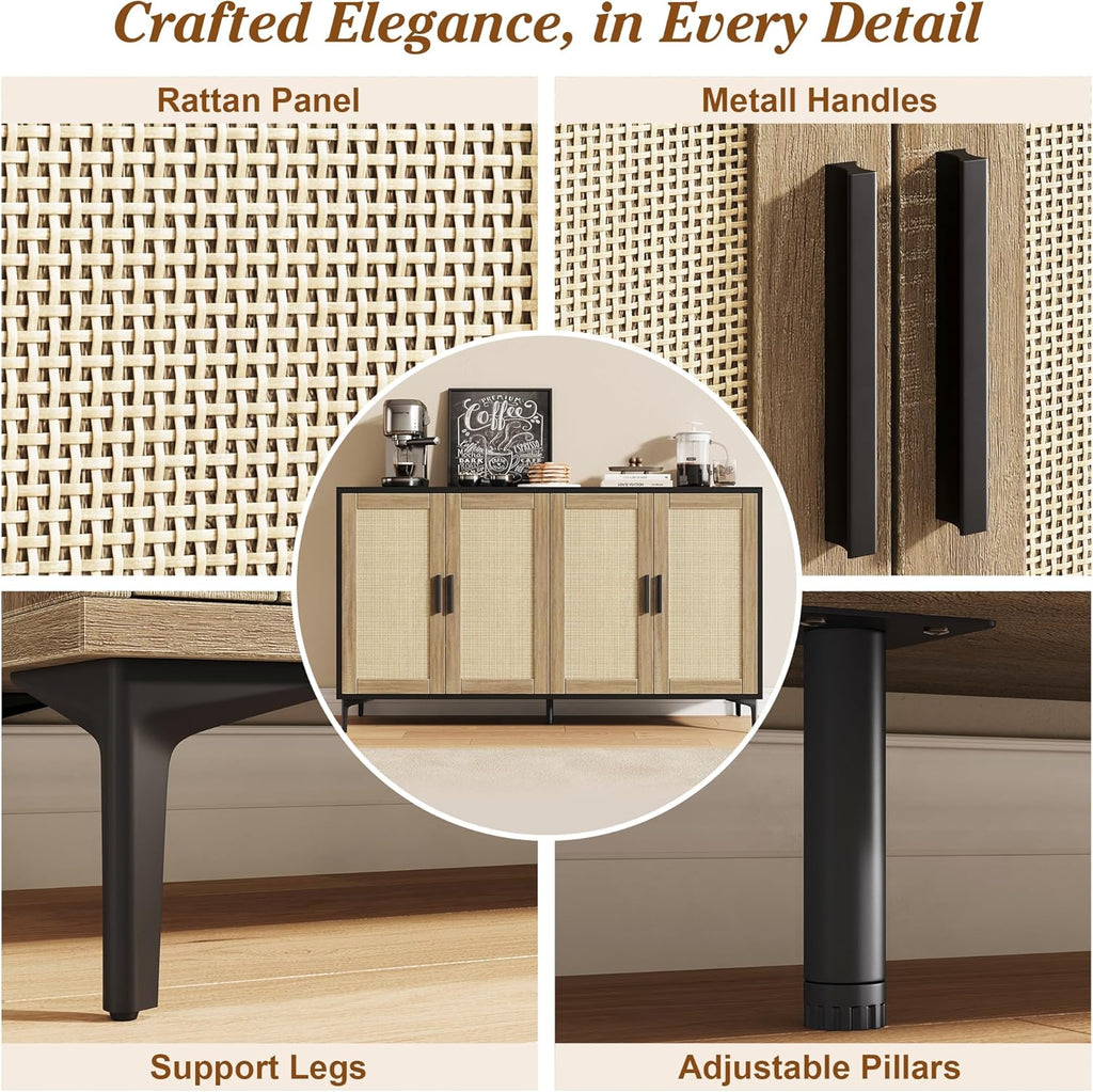 Buffet Cabinet with Storage, 48" Rattan Sideboard with Adjustable Shelves