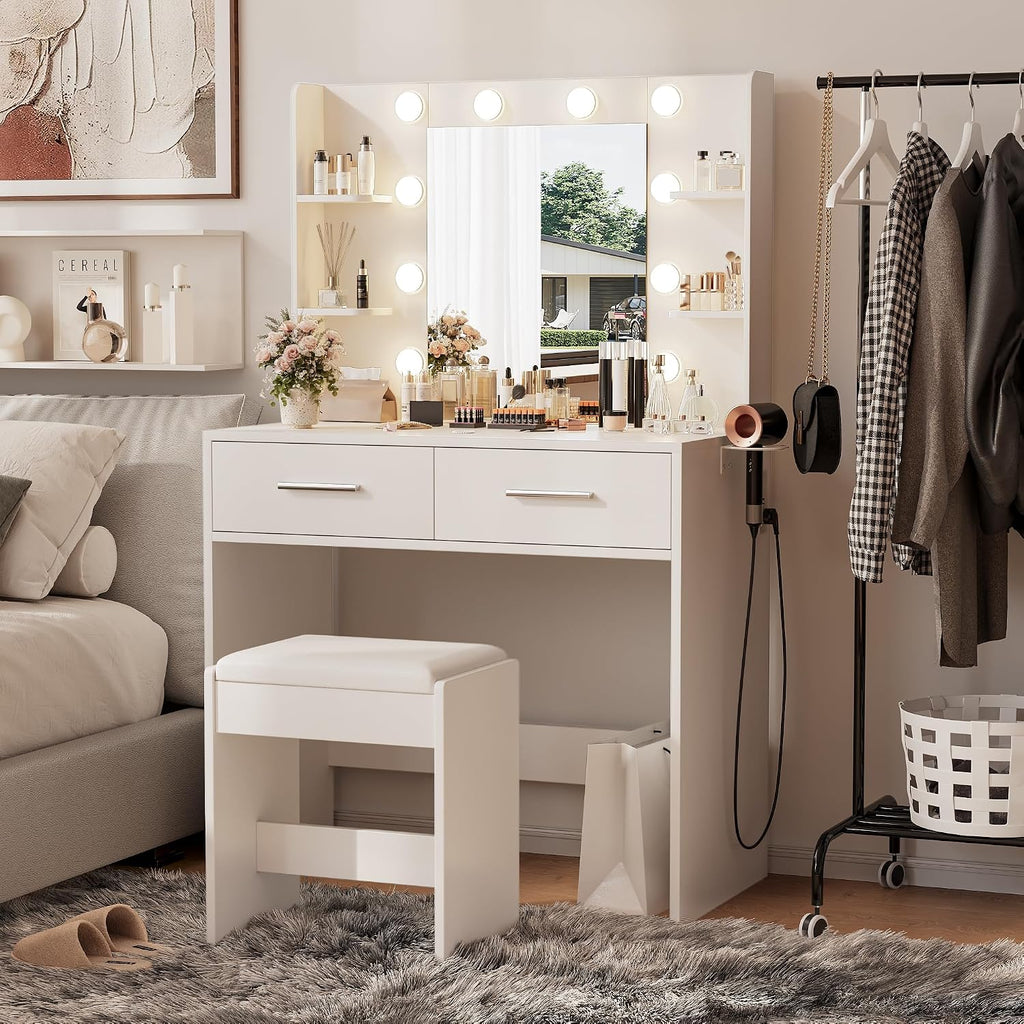 Make up Vanity Desk with Mirror and Power Outlet, Vanity with 3 Color Light Options Adjustable Brightness, Vanity