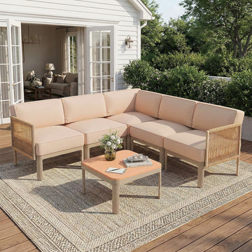 6 Pieces Patio Sectional Furniture Set, Metal Frame Outdoor Conversation Set with 6" Thick Cushions & Coffee Table