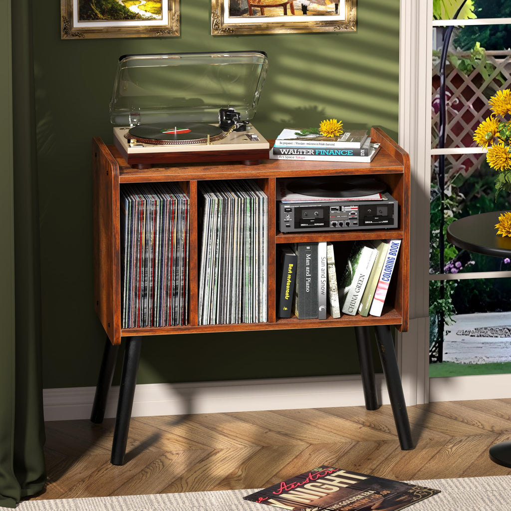 Record Player Table, Mid-Century Record Player Stand Hold Up to 150+ Albums
