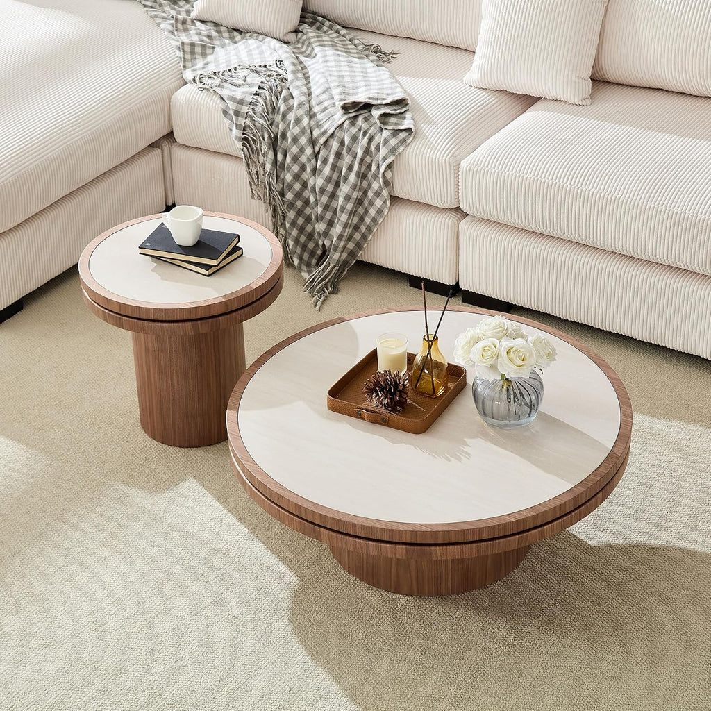 35.43" Round Coffee Table Sintered Stone for Living Room, Round Wood Pedestal Coffee Table with Travertine Texture Tab