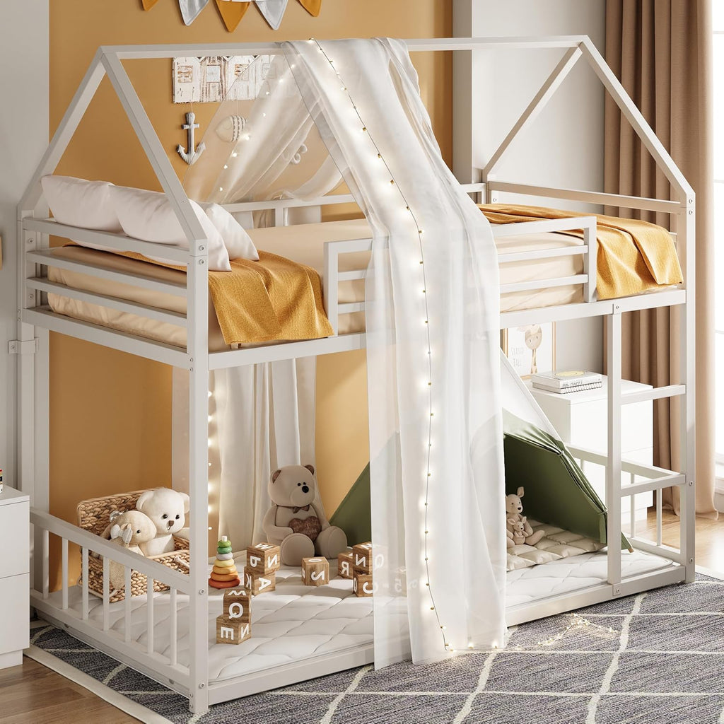 Bunk Bed Twin Over Twin, House Bunk Bed Frame with Ladder and Guardrail