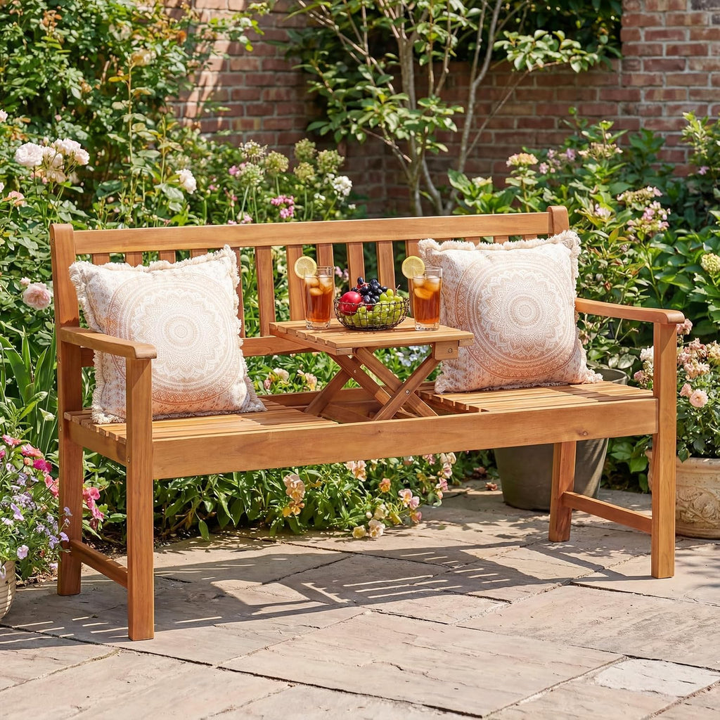 Acacia Wood Outdoor Bench, 2-Person Garden Bench with Pull-Out Table | Sturdy Patio Bench Porch Bench, Wooden Bench