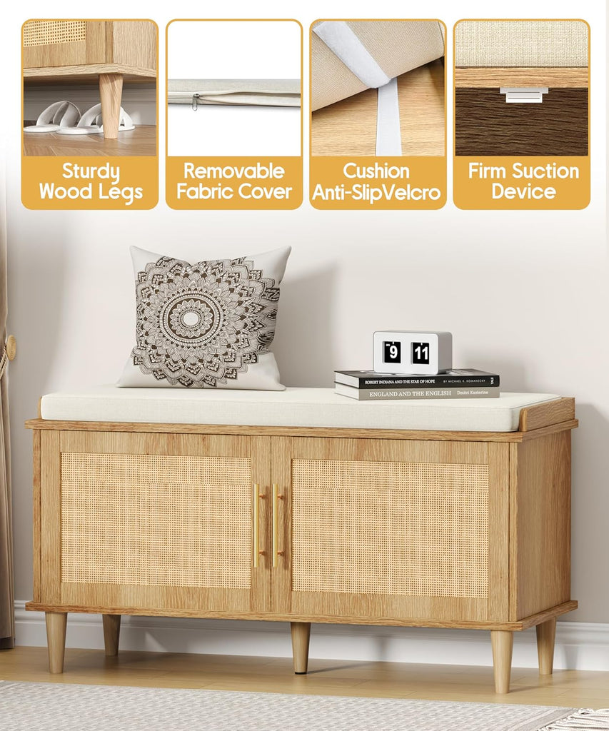Rattan Shoe Storage Bench with Cushion, 2-Tier Entryway Bench with Adjustable Shelves and 2 Doors, 15" D x 39.4" W x