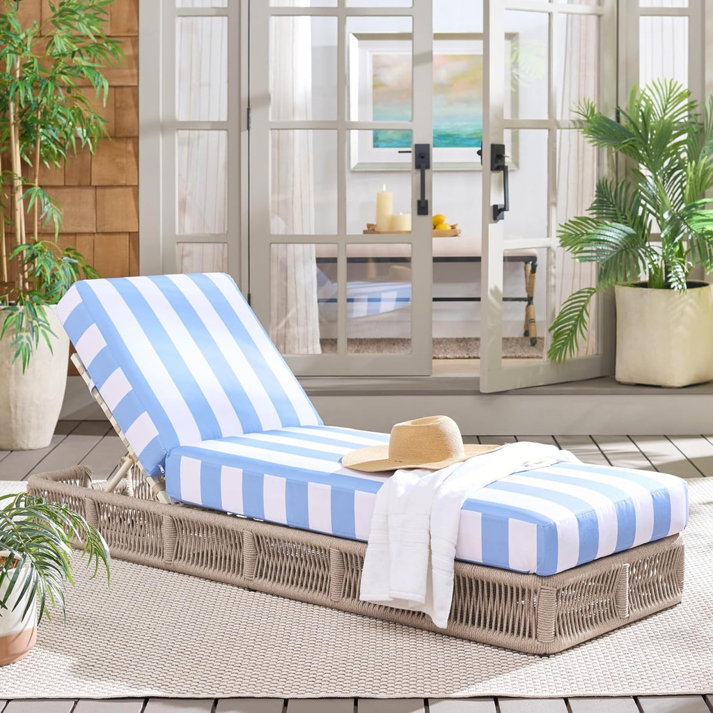 Outdoor Chaise Lounge Chair - Heather Tan & Baby Blue Stripe - Steel and Woven Rope - Adjustable 5-Position