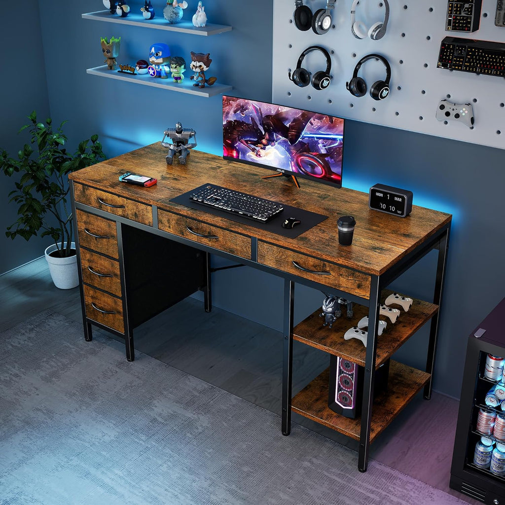 55" Computer Desk with 6 Drawers, Home Office Gaming Desks with Storage Shelves
