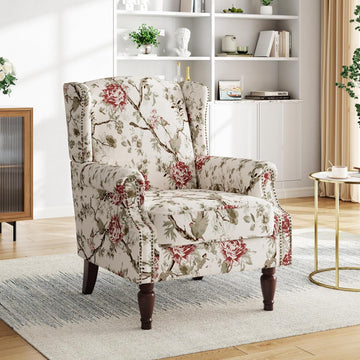 High Back Floral Accent Chair - Retro Wingback Upholstered Armchair with Nailhead Trim, Solid Wood Legs, Fabric
