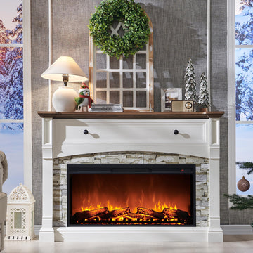 52" Farmhouse Electric Fireplace w/Mantel & Sime-Open Cubby, Living Room