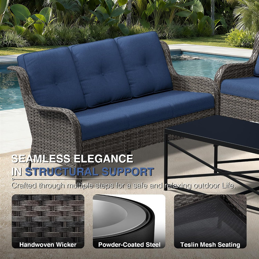 Outdoor Patio Couch, 3 Seater Outdoor Wicker Sofa with High Back, Deep Seating, Wide Armrest, Thickened Cushions