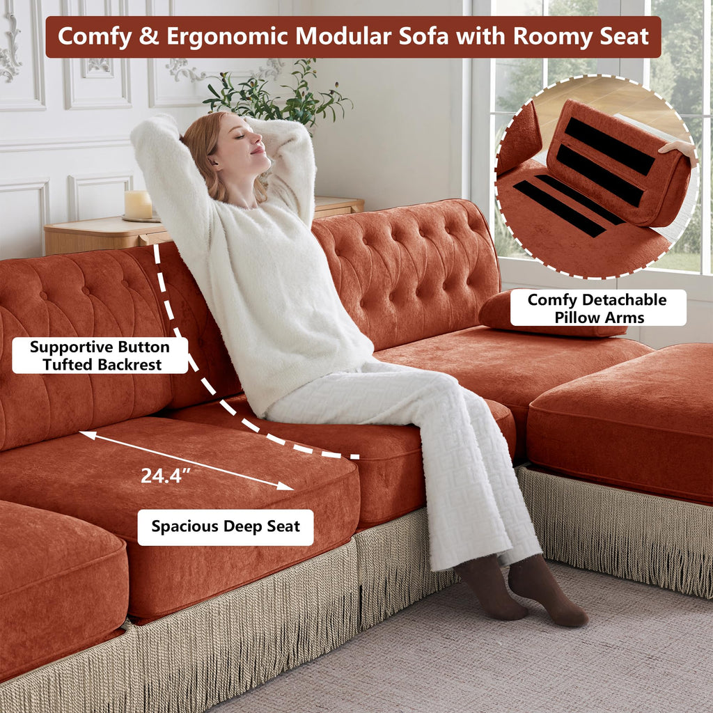 Luxury 106.1" U-Shaped Sofas with Tassel, Modular Sectional Velvet Terracotta 3 Seater Sofa Couch with