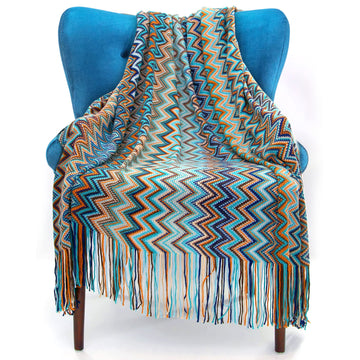 Boho Throw Blanket - 50 x 67 in. Patterned Bohemian Couch Blanket, Large Knitted Tassel Throw for Bed, Chair, Sofa