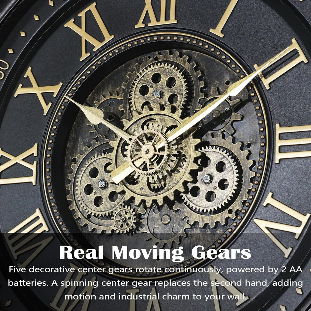 Decorative Moving Gear Large Wall Clock, Oversized Industrial Steampunk Gears, Big Numerals Wall Clock for Modern Living Room Decor...