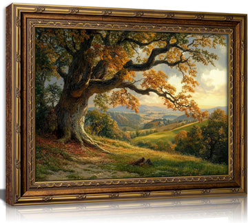 Vintage Gold Framed Tree Wall Art Ancient oak trees in the forest Painting Canvas Classic Nature Scenery Picture Wall