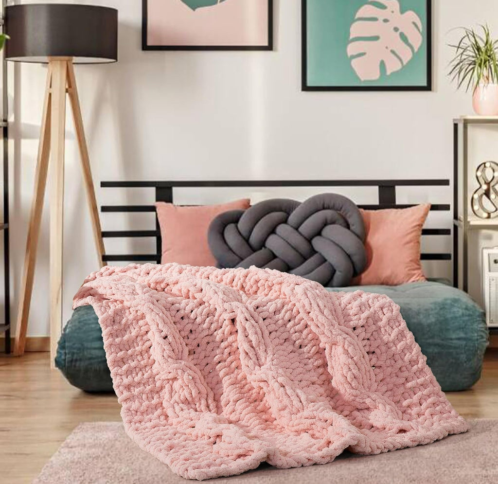Chunky Knit Blanket Throw - 100% Hand Knitted Chunky Soft Throw Blanket, Thick and Warm Blanket for Winter, Pink