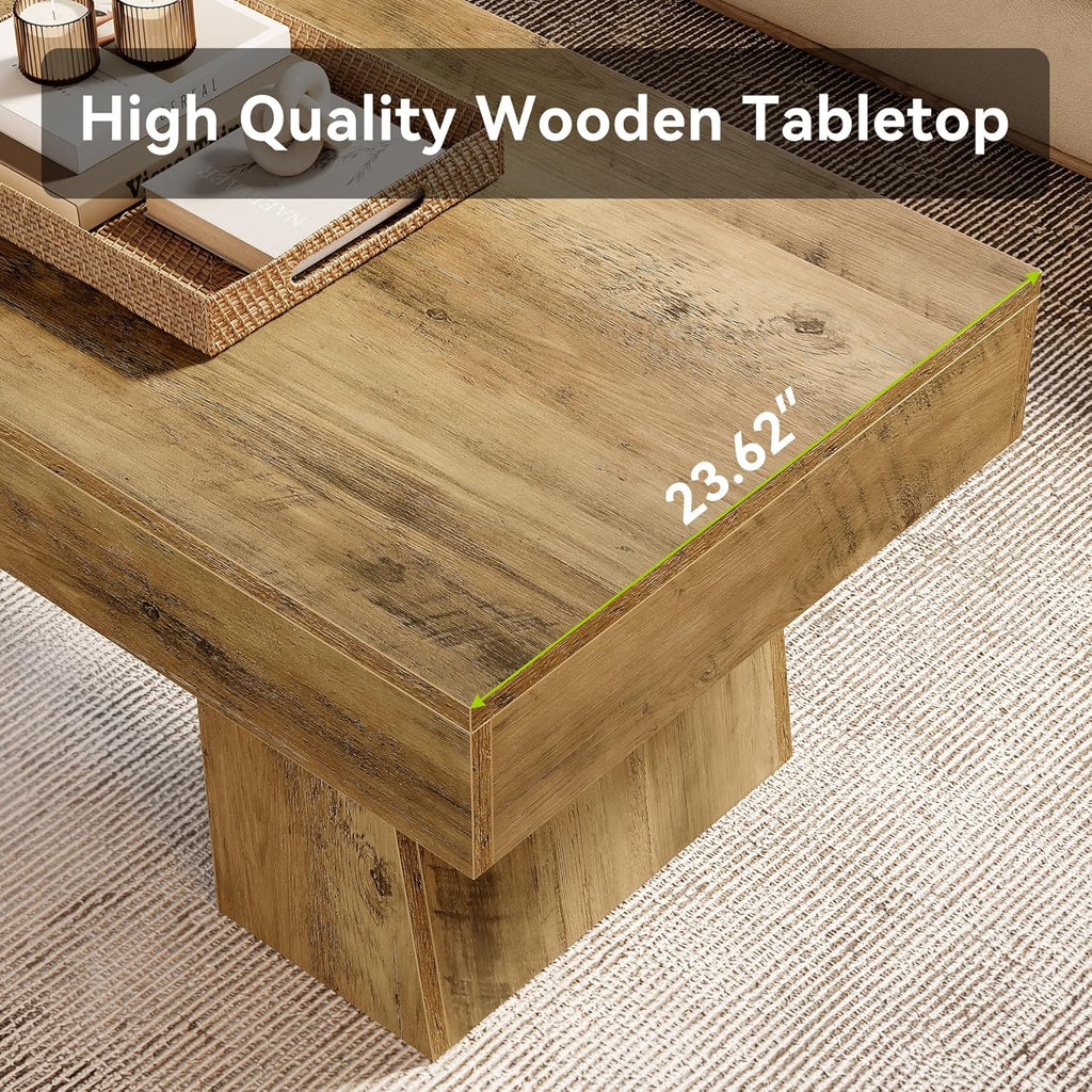 Farmhouse Coffee Table, 47 Inches Wooden Rectangular Accent Center Tables with Thick Base