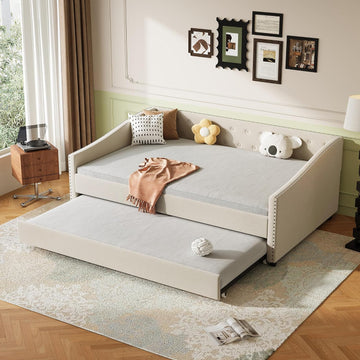 Full Size Upholstered Daybed with Trundle | Twin Size Trundle,Button-Tufted Back, Piping on Waved-Shape Arms, Solid