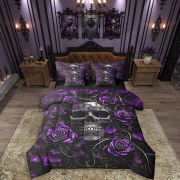 Sugar Skull 7 Pcs Comforter Set Queen,Purple Rose Floral Bedding Set for Kids Boys Girls Teens Adults,Gothic Skeleton - Set of 7