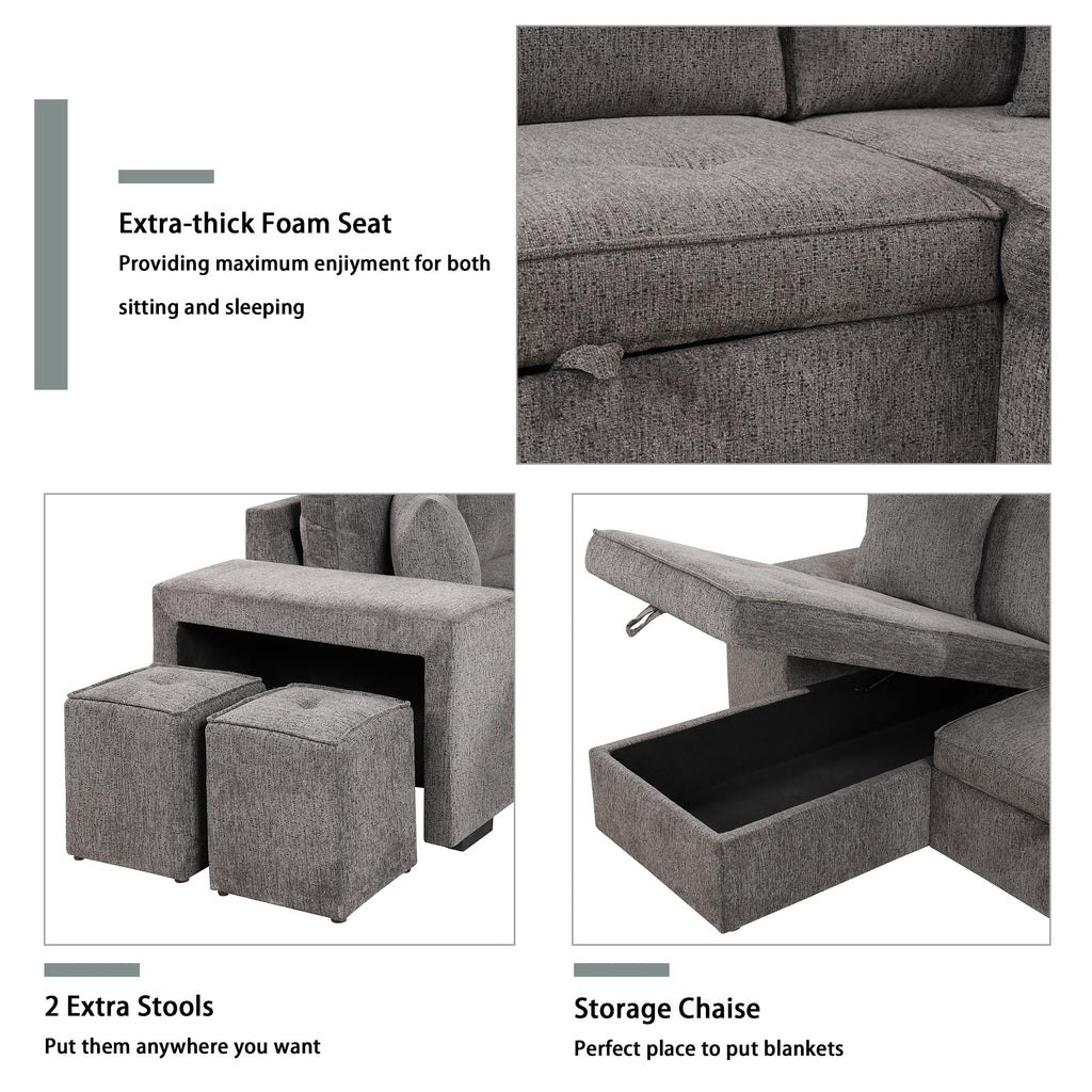 104.5 inch Reversible Sleeper Sectional Sofa with Pull Out Bed, Convertible L Shaped Sectional Couch with Storage