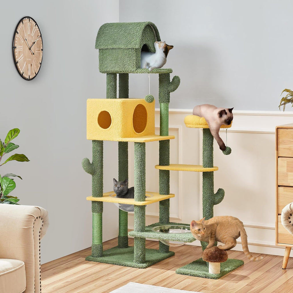 68.5in Tall Cactus Cat Tree, Multi-Level Tower with 2 Large Condos, Scratching Posts, 2 Acrylic Clear Bowls
