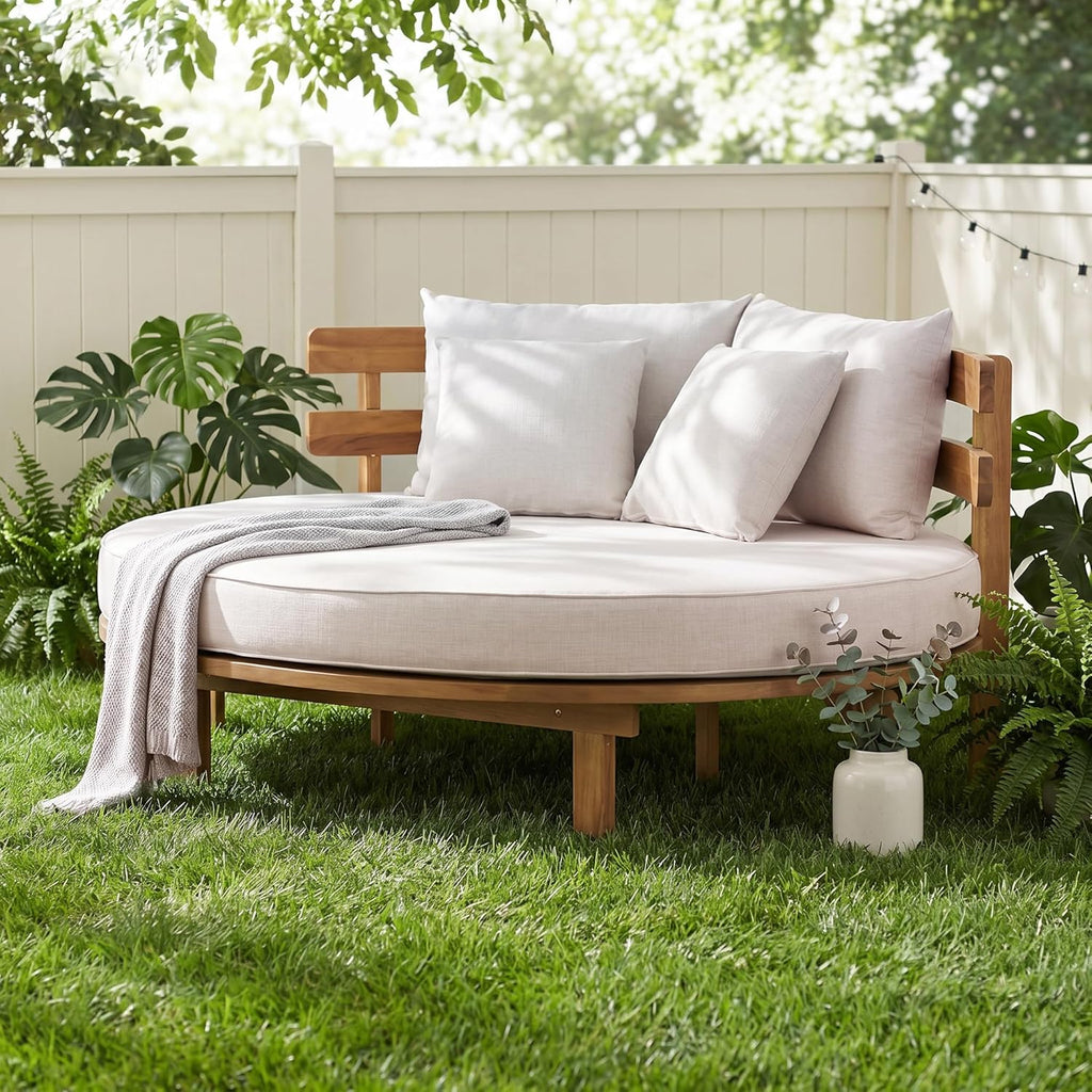 Outdoor Acacia Wood Round Daybed with Curved Slatted Backrest, Cushion and 4 Pillows, All Weather Patio Double