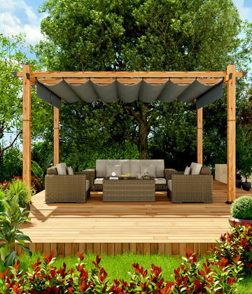 10' X 13' Outdoor Pergola with Retractable Canopy Aluminum Pergola Faux Wood Metal Pergolas Gazebo for Backyard, Deck