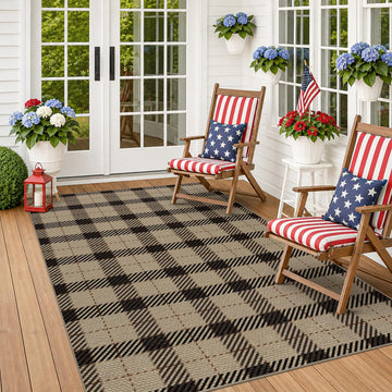 Easy Jute Area Rug 5x7, Black & Tan Plaid Rug, Washable Indoor Outdoor Farmhouse Rug & Covered Porch, Low Pile Non Slip