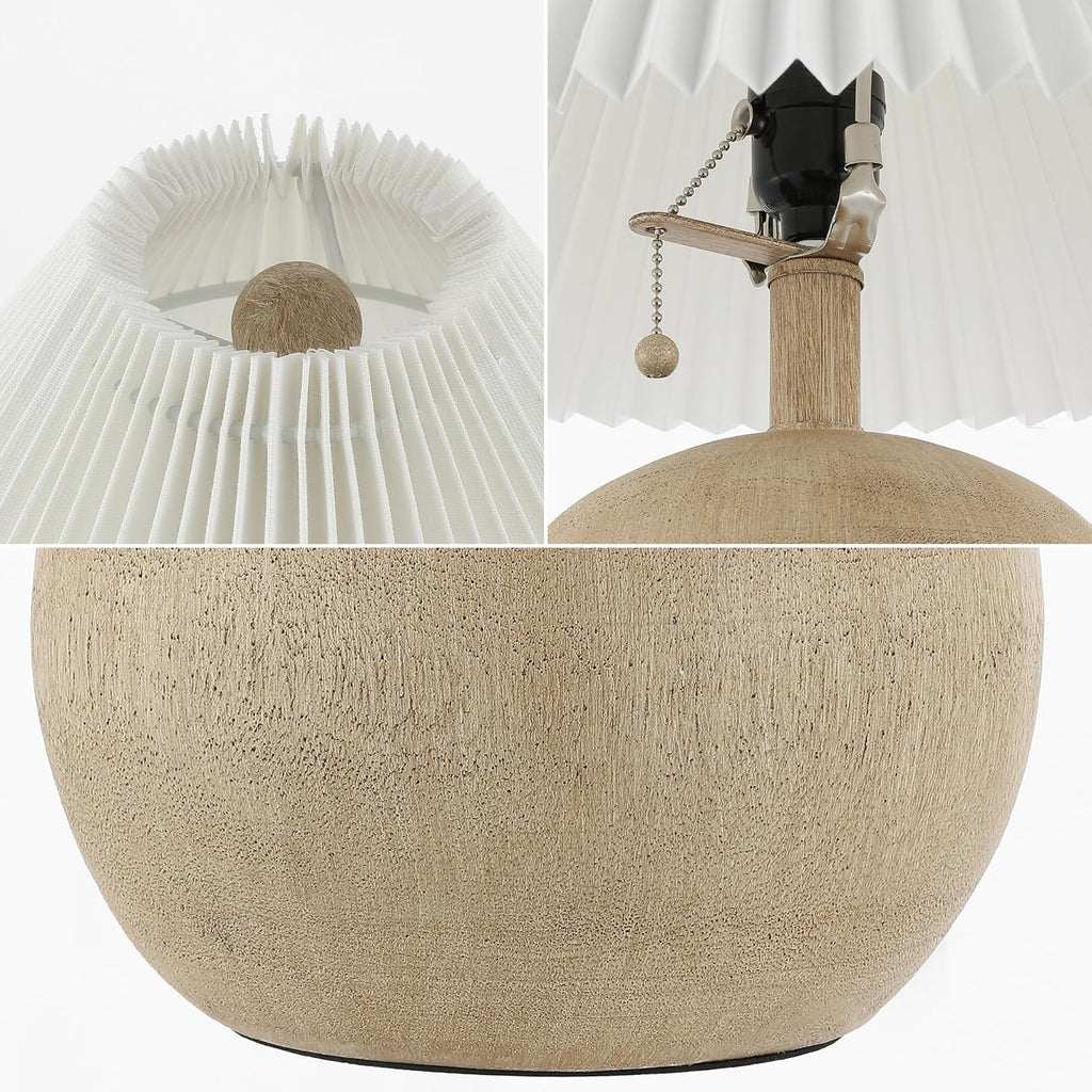 17.25" Beige Wood Finish/White Sphere Table Lamp, Mid-Century Bedside Nightstand with Beige Pleated Linen Shade