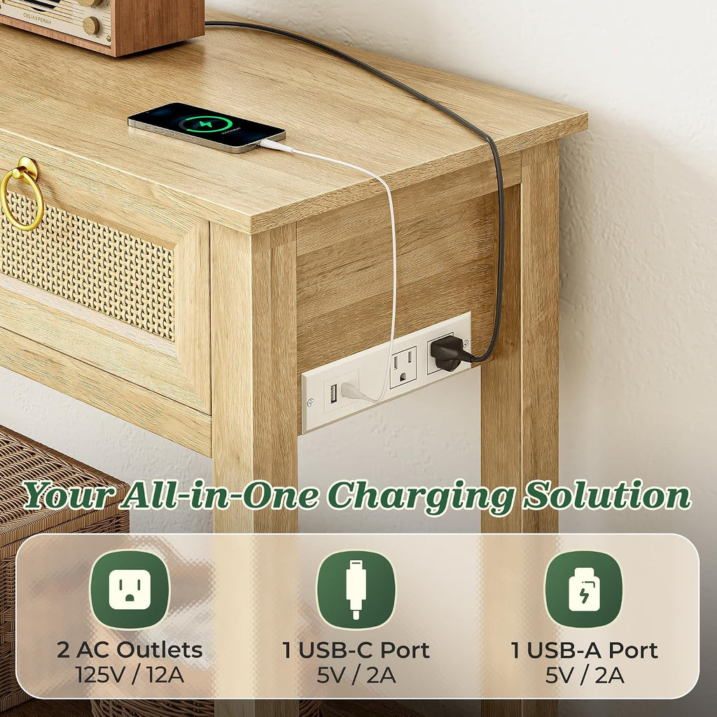 Rattan Console Sofa Table with Outlets and USB-C Port, 3 Drawer Entryway Table with Synthetic Rattan Surface, Open