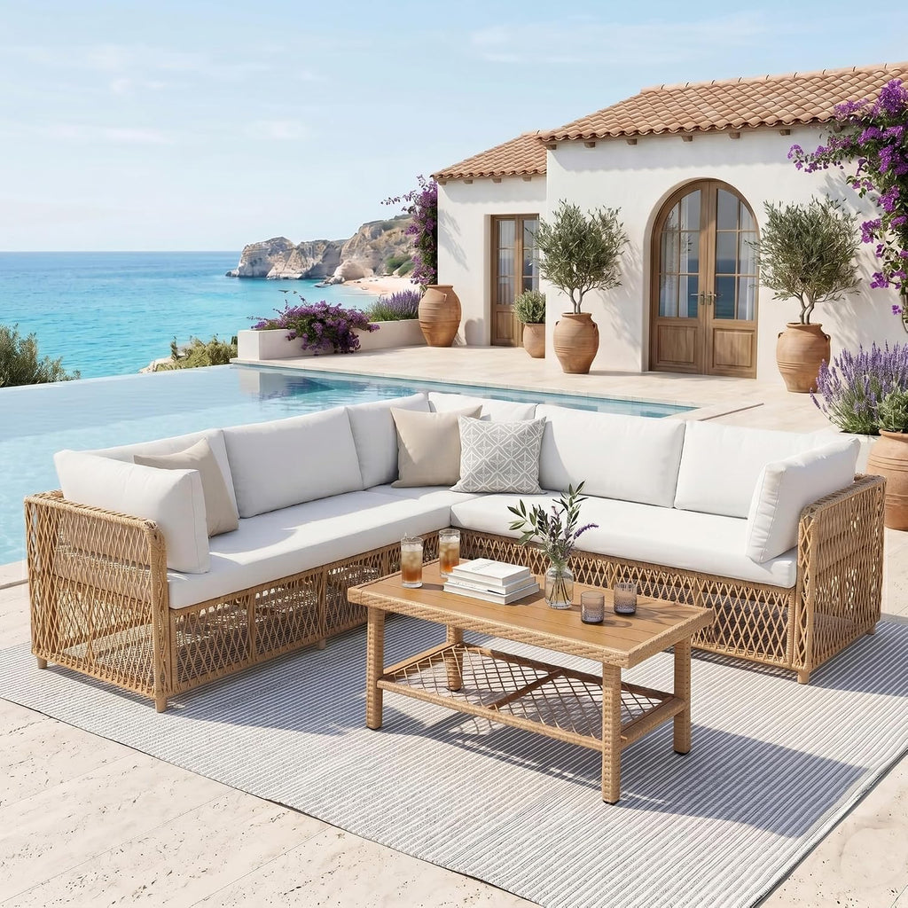 Patio Furniture Set 6-Seater Large Outdoor Sectional Modular L-Shaped Outdoor Furniture with Thick Cushion All