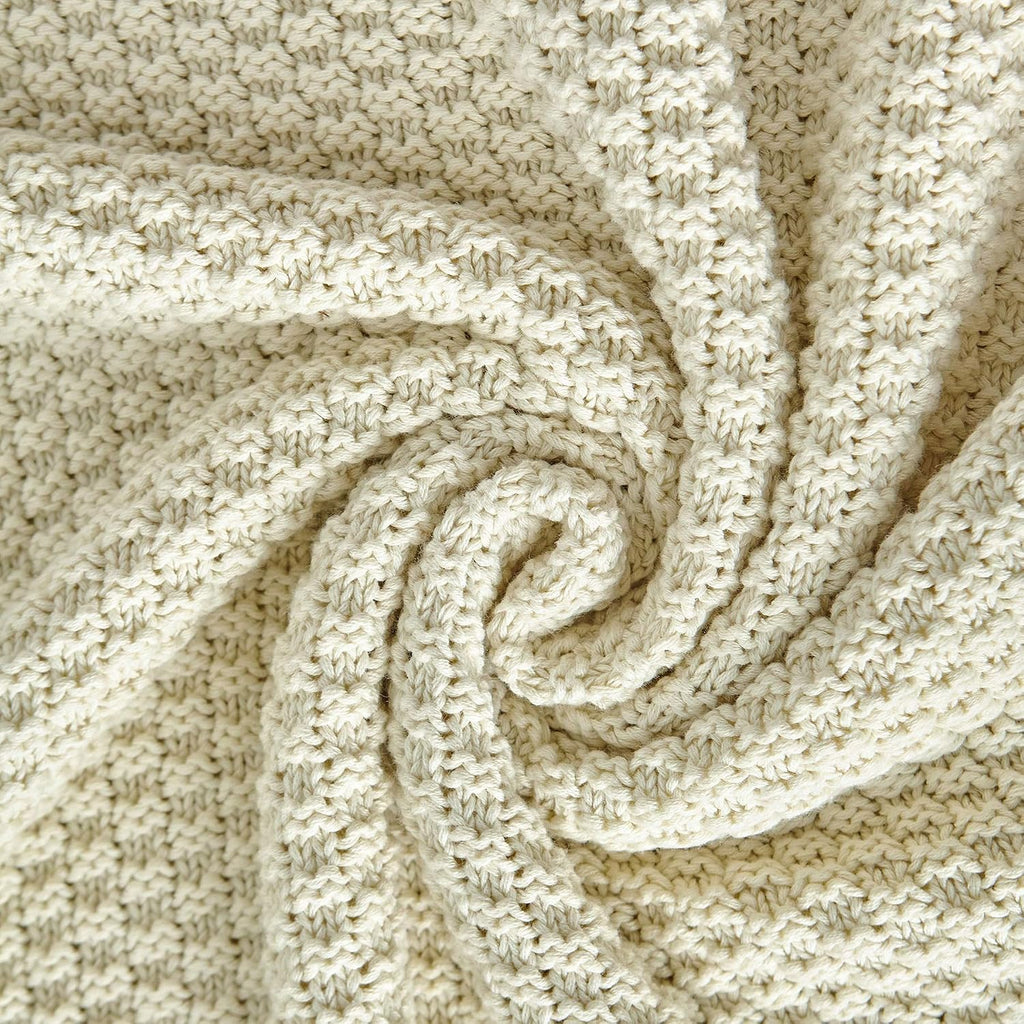 100% Cotton Knitted Throw Blanket - Cream, Soft & Cozy, Machine Washable, 60"x80"