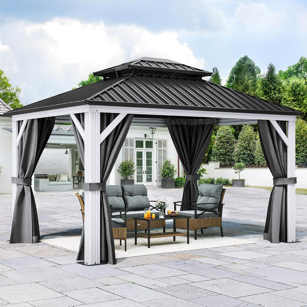 White Gazebo 10x12ft Hardtop Double Roof Canopy Galvanized Iron Aluminum Frame Outdoor Gazebo with Netting and Shaded