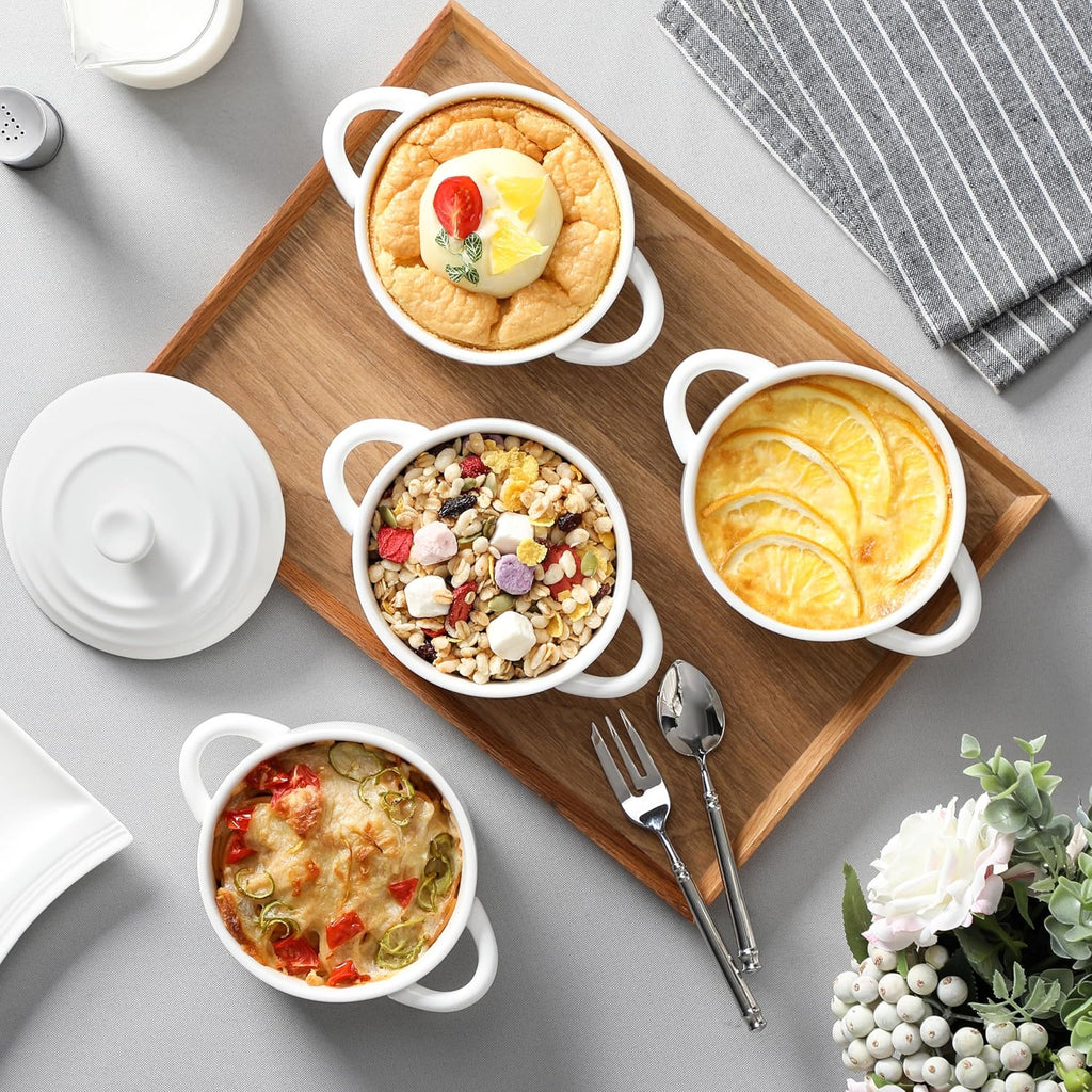 Mini Cocotte Set of 4, 14 OZ Ceramic Casserole Dishes with Lids | Single Serving Small Dutch Oven Set, Lasagna