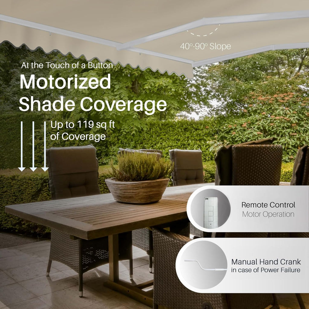 Electric Patio Awning Caribbean White Frame 13x10 Ivory | Retractable sunshade for decks and balconies