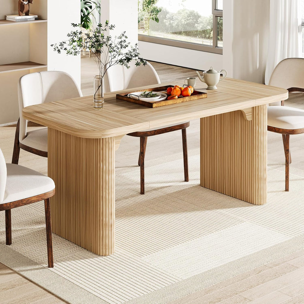 Modern Dining Table for 6 People, 62-Inch Natural Wood Kitchen Table with Double Robust Pedestal, Long Rectangle