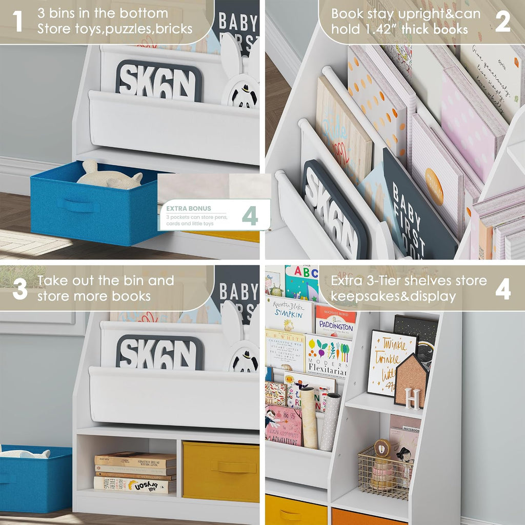 5-Tier Kids Sling Bookshelf with Storage Bins, Wood Children Bookcase, Toddler Montessori Book Shelf for Kids Room