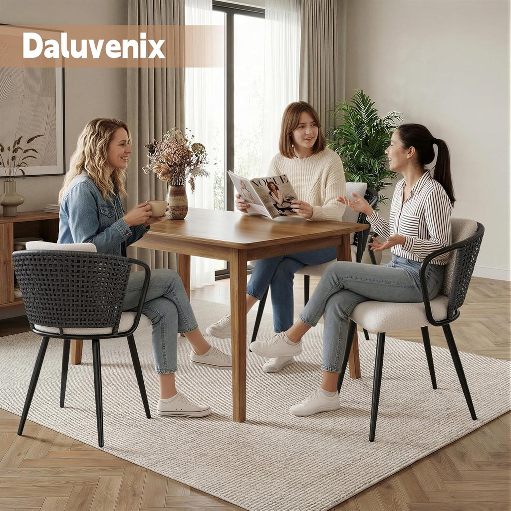 Modern Rattan Dining Chairs Set of 6, Upholstered Kitchen Chair with Metal Legs, Ergonomic Curved Backrest, Mid