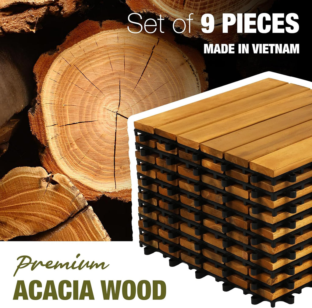 Premium Acacia Wood Interlocking Deck Tiles, 9 PCS 12"x12"x0.9" Floor Tiles, Waterproof Wood Flooring for Backyard &